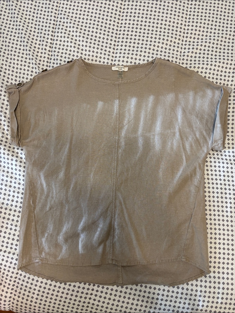 Linen Blend Rolled Sleeve Button-Shoulder Tee in Taupe